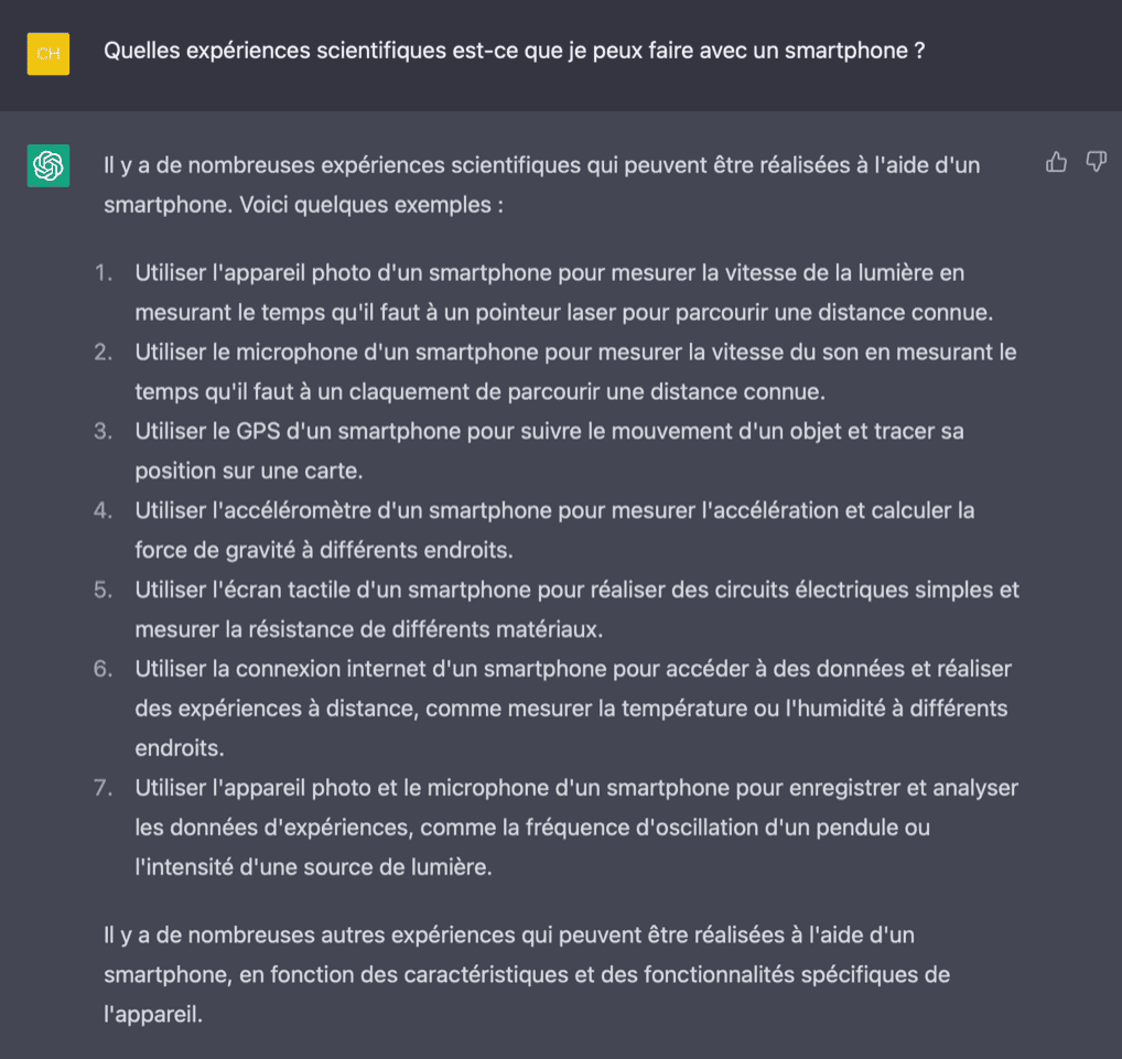 Capture d'écran de ChatGPT listant des expériences scientifiques réalisables avec un smartphone