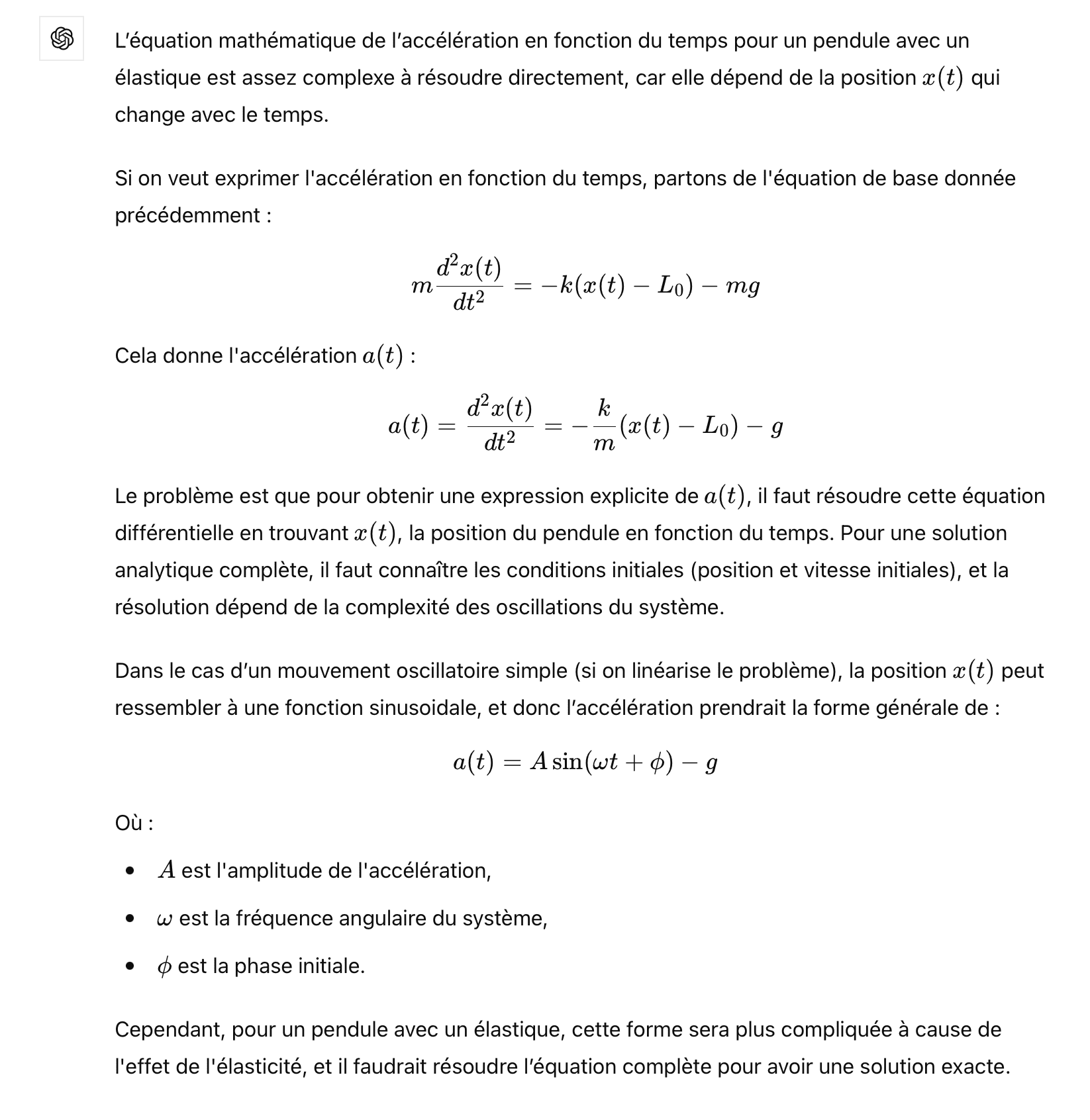 ChatGPT response giving the mathematical equation for the acceleration of an elastic pendulum as a function of time