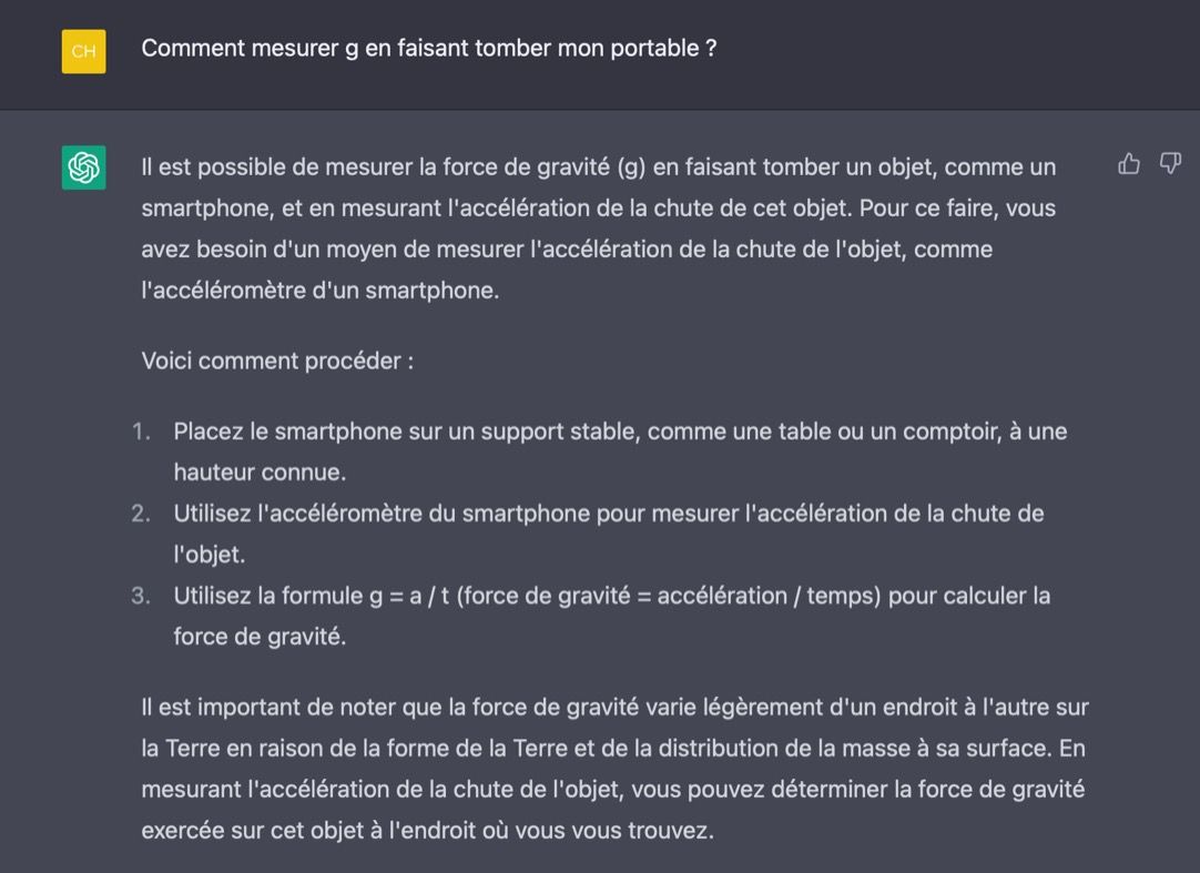 Capture d'écran de ChatGPT décrivant une expérience de chute d'objet pour mesurer la constante de gravité g