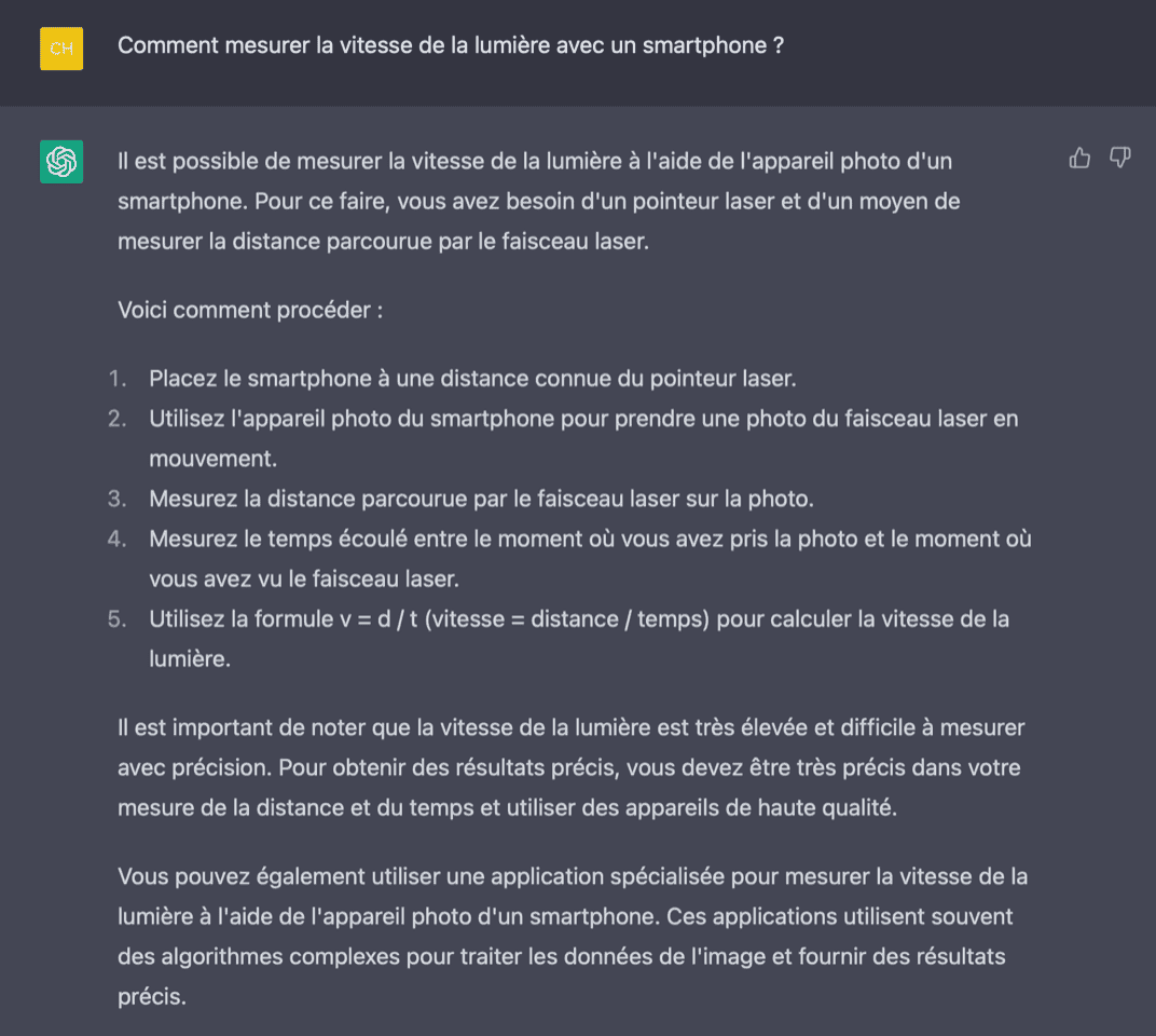 Capture d'écran du protocole proposé par ChatGPT pour mesurer la vitesse de la lumière avec un smartphone