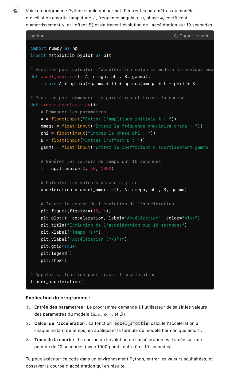 Programme Python généré par ChatGPT pour tracer l'évolution de l'accélération du pendule sur dix secondes
