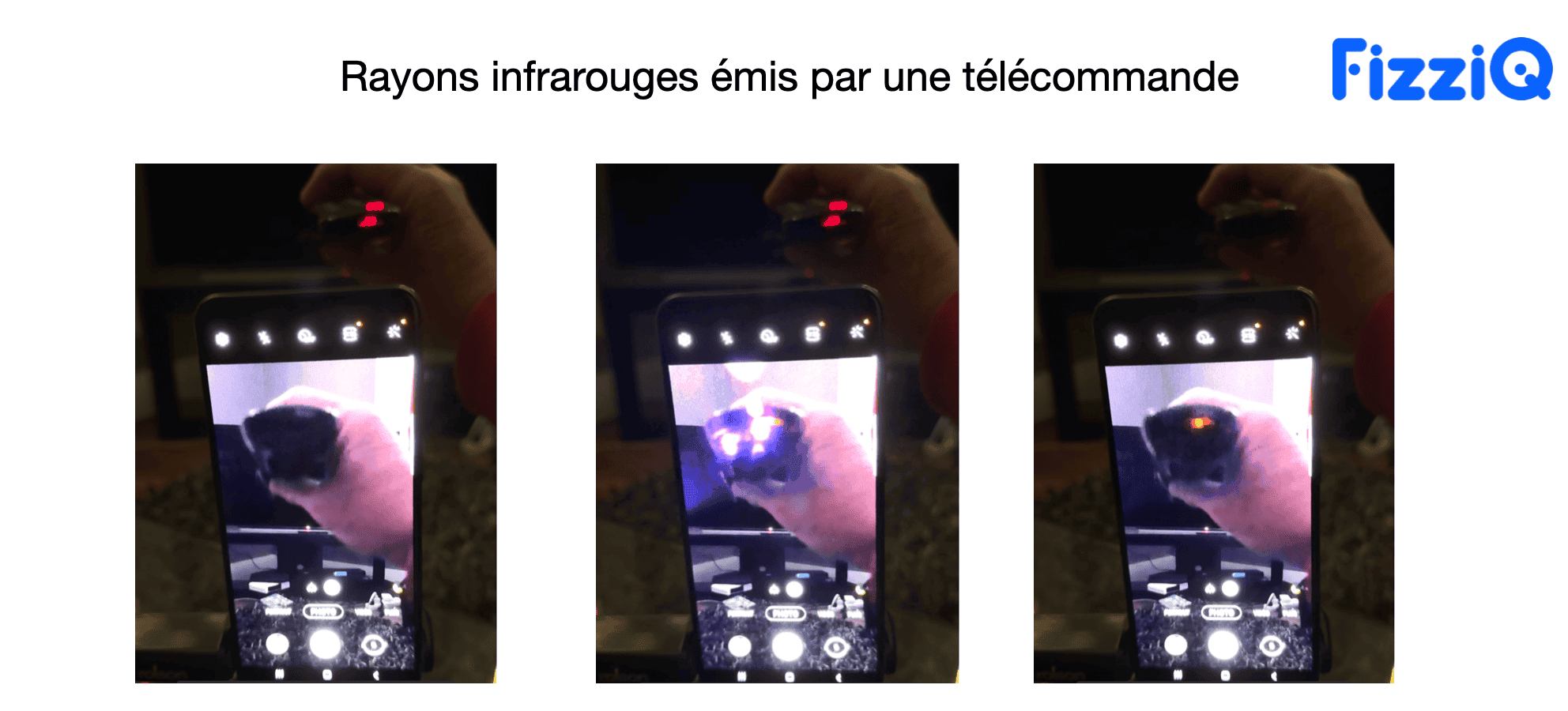 Smartphone screen showing the infrared emitter of a TV remote control glowing when a button is pressed