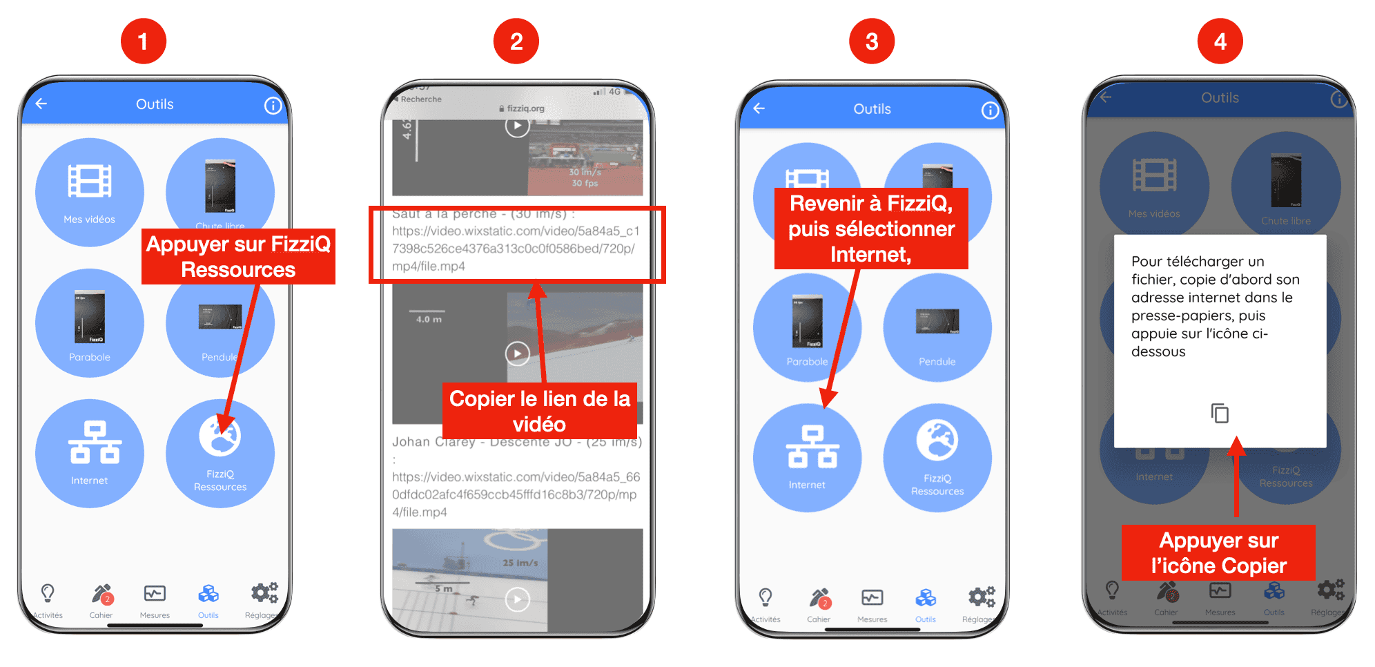 Écran de FizziQ pour télécharger une chronophotographie depuis internet dans le module cinématique
