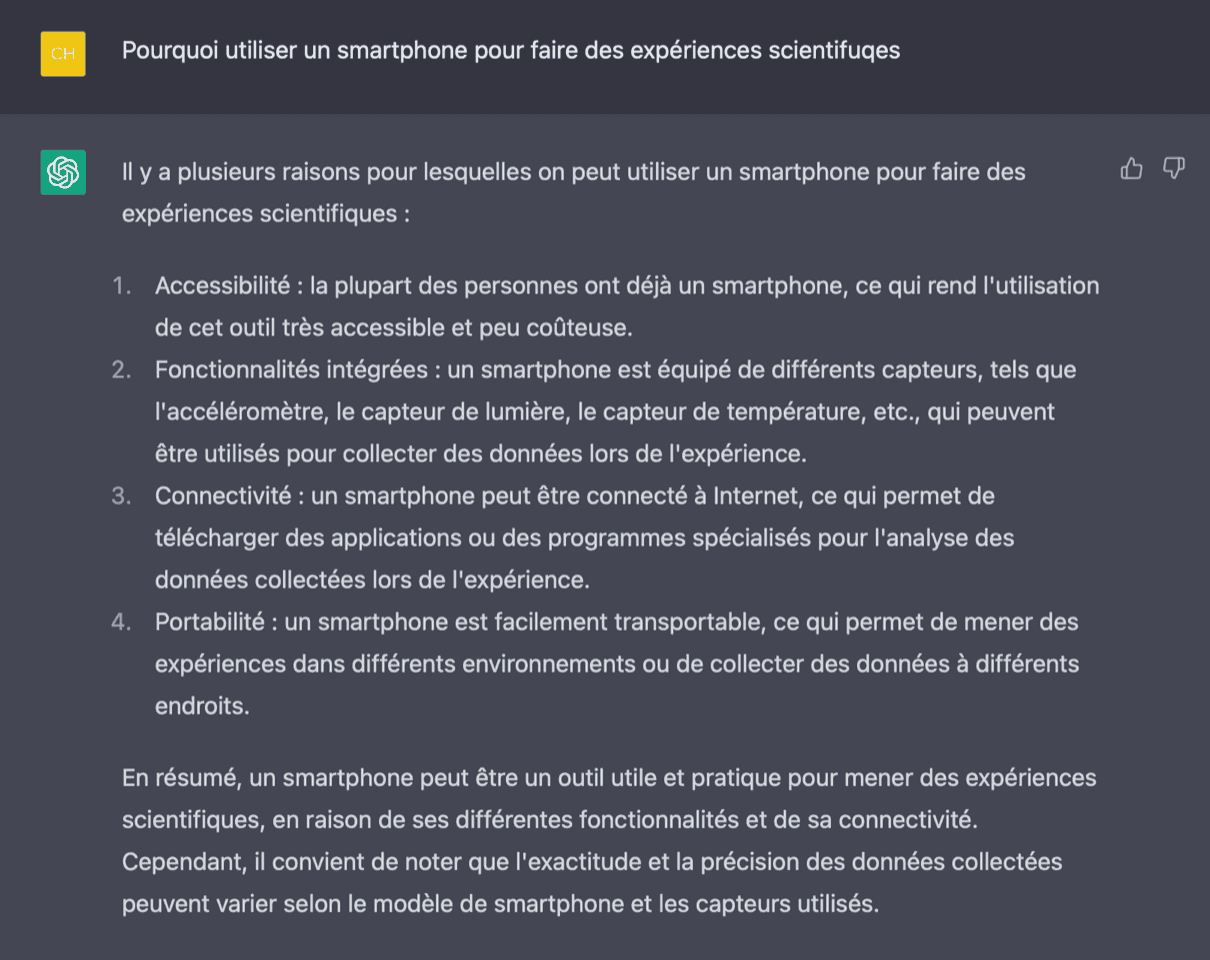 Capture d'écran de la réponse de ChatGPT expliquant pourquoi utiliser un smartphone pour des expériences scientifiques