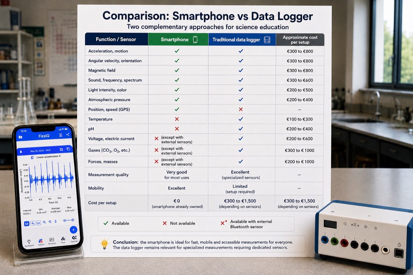 Comparison between a smartphone and traditional data-logging equipment for physics experiments: sensors and cost