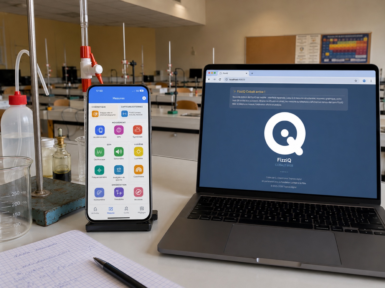 FizziQ Cobalt in class: smartphone and computer side by side in a lab
