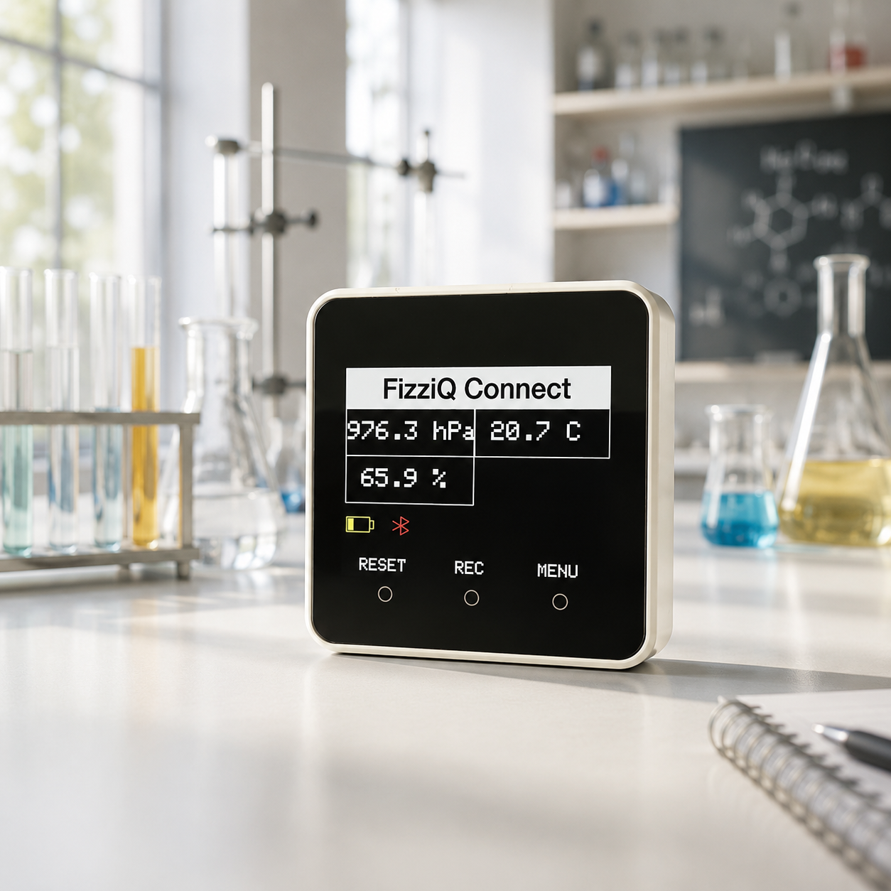 The FizziQ Connect box on a lab bench, displaying pressure, temperature and humidity, ready to stream measurements to FizziQ over Bluetooth