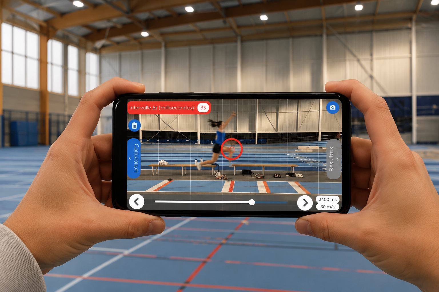 Des mains tiennent un smartphone qui filme une sauteuse en longueur dans un gymnase, avec l'overlay de pointage FizziQ