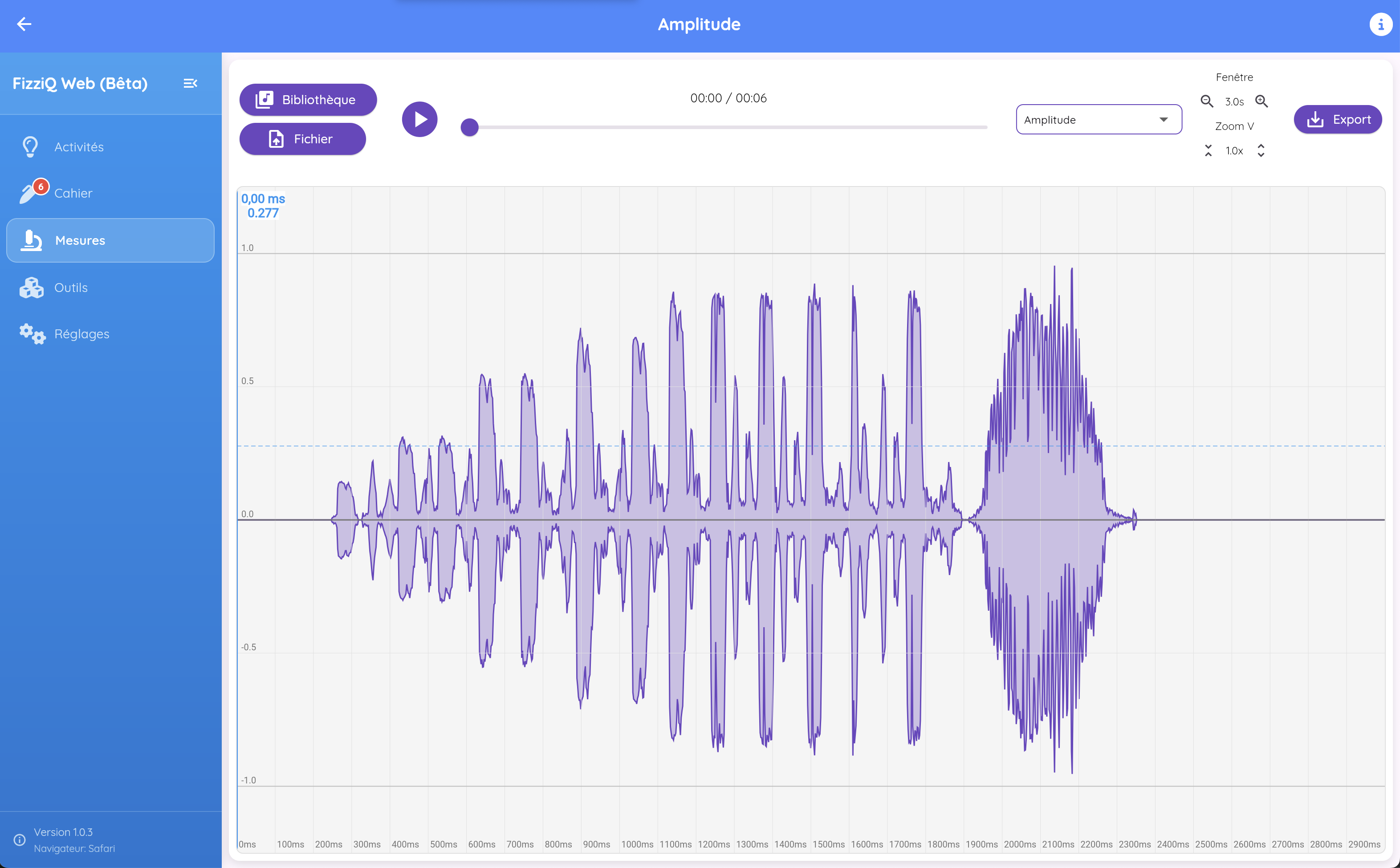 Análise áudio FizziQ Web num computador: oscilograma de amplitude de um ficheiro de som